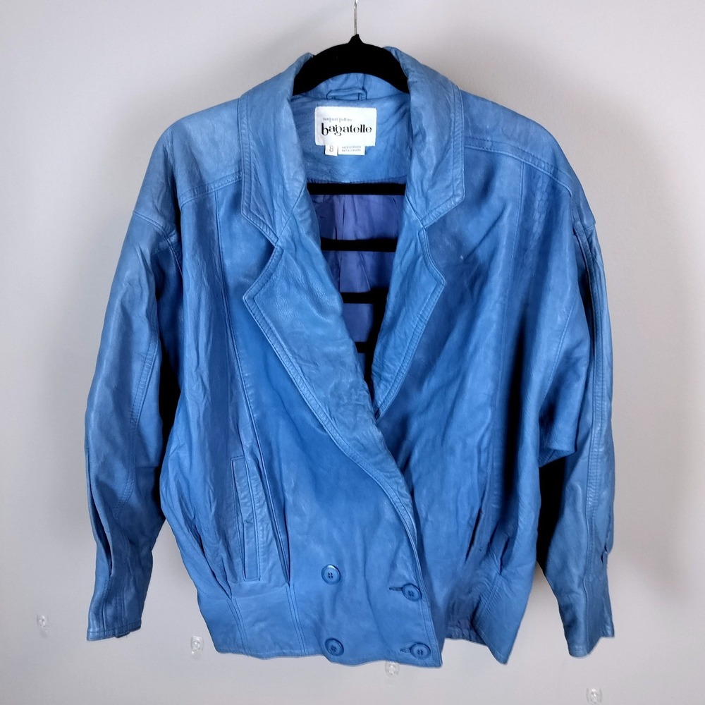 VTG 80s Bagatelle Leather Double Breasted Relaxed Fit Jacket Blue Womens 8